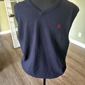 Polo by Ralph Lauren Merino Wool Navy Blue V-Neck Sweater Vest with Red Logo